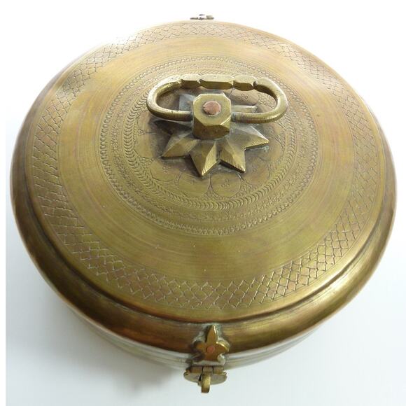 Vintage Brass Round Bread Box Tiffin Holder with Hinged Lid Jewelry Box - Picture 1 of 6
